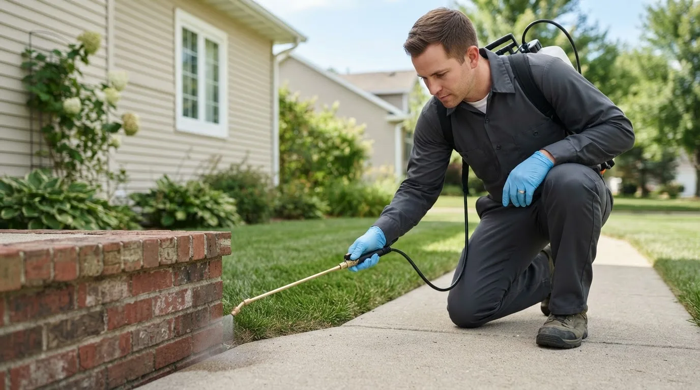 Pest control technician treating a home near East Galesburg, IL