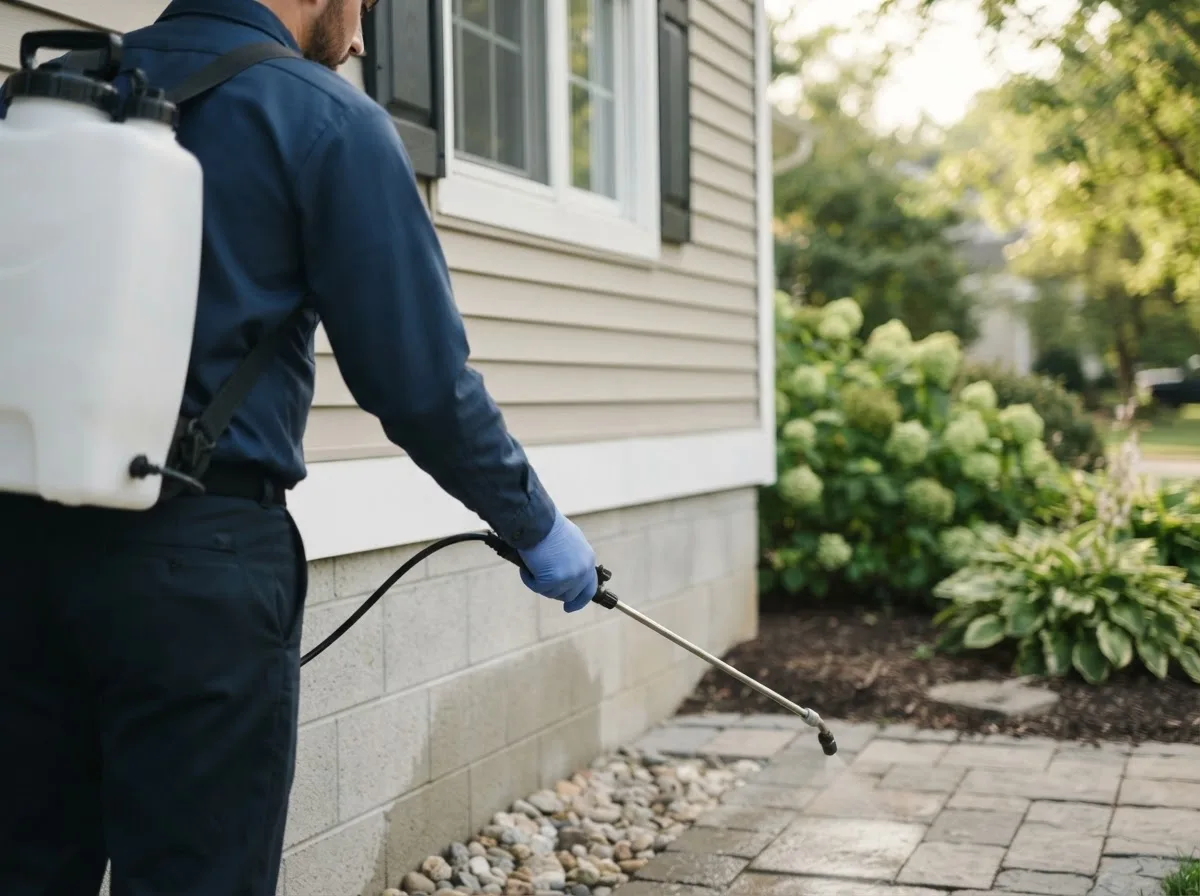 Pest control technician inspecting a home in East Galesburg, IL